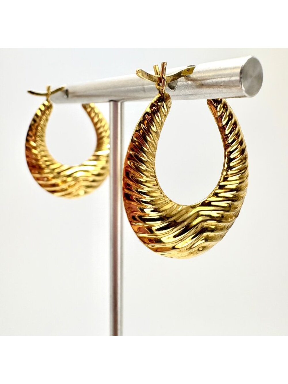 Puffed Textured Gold Over Sterling Silver 925 Hoop Earrings Size 1" Length
